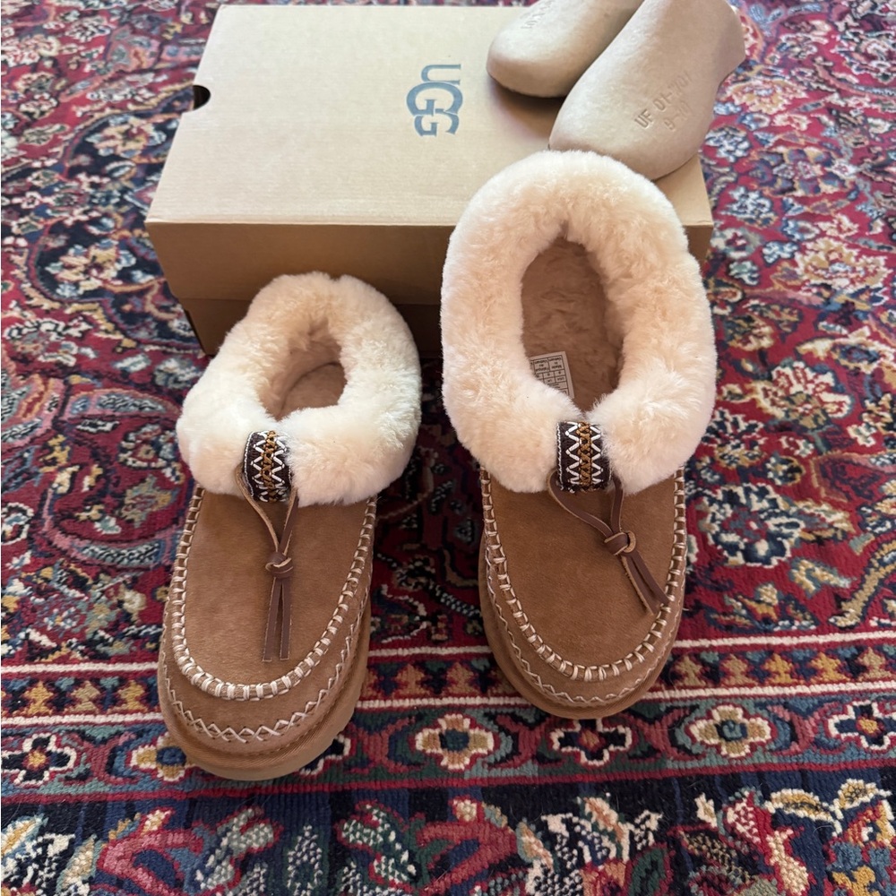 UGG Tasman Alpine Suede Fur Collar Slipper Clogs - Chestnut